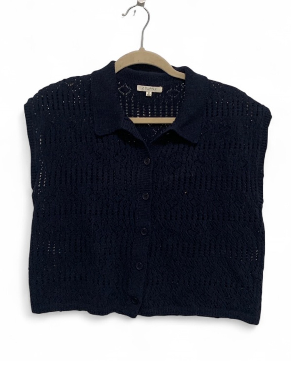 Z Supply Dark Blue Open Knit Sleeveless Button Down Sweater Top